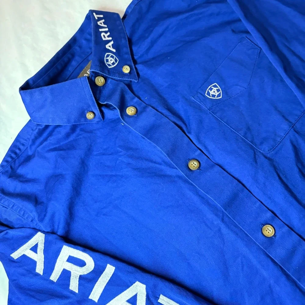 Ariat Boys Royal Blue Long Sleeve Western Logo Button Down Shirt Size L 14-16